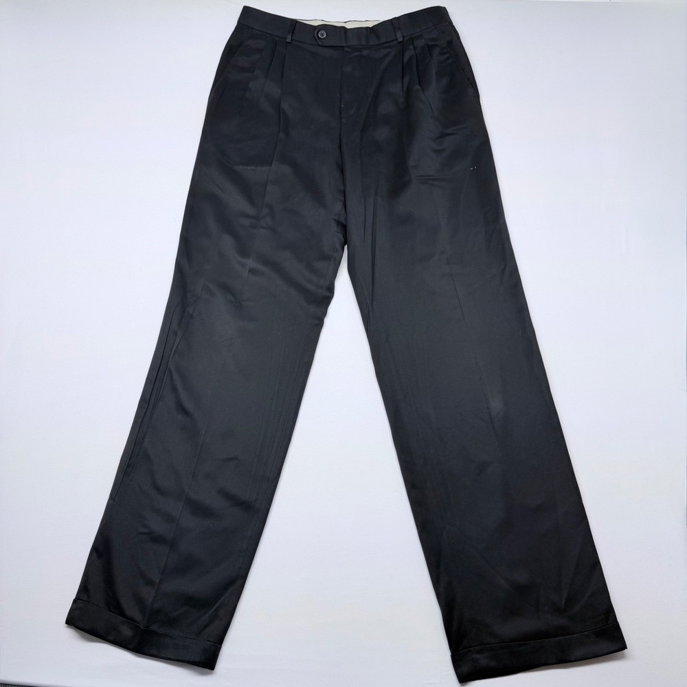 BRAGGI Men Pleated Dress Pants Black Microfiber Polyester Size 32x34